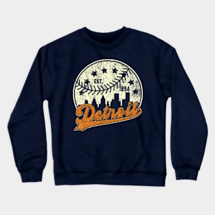 Distressed Detroit Downtown Skyline Baseball Crewneck Sweatshirt